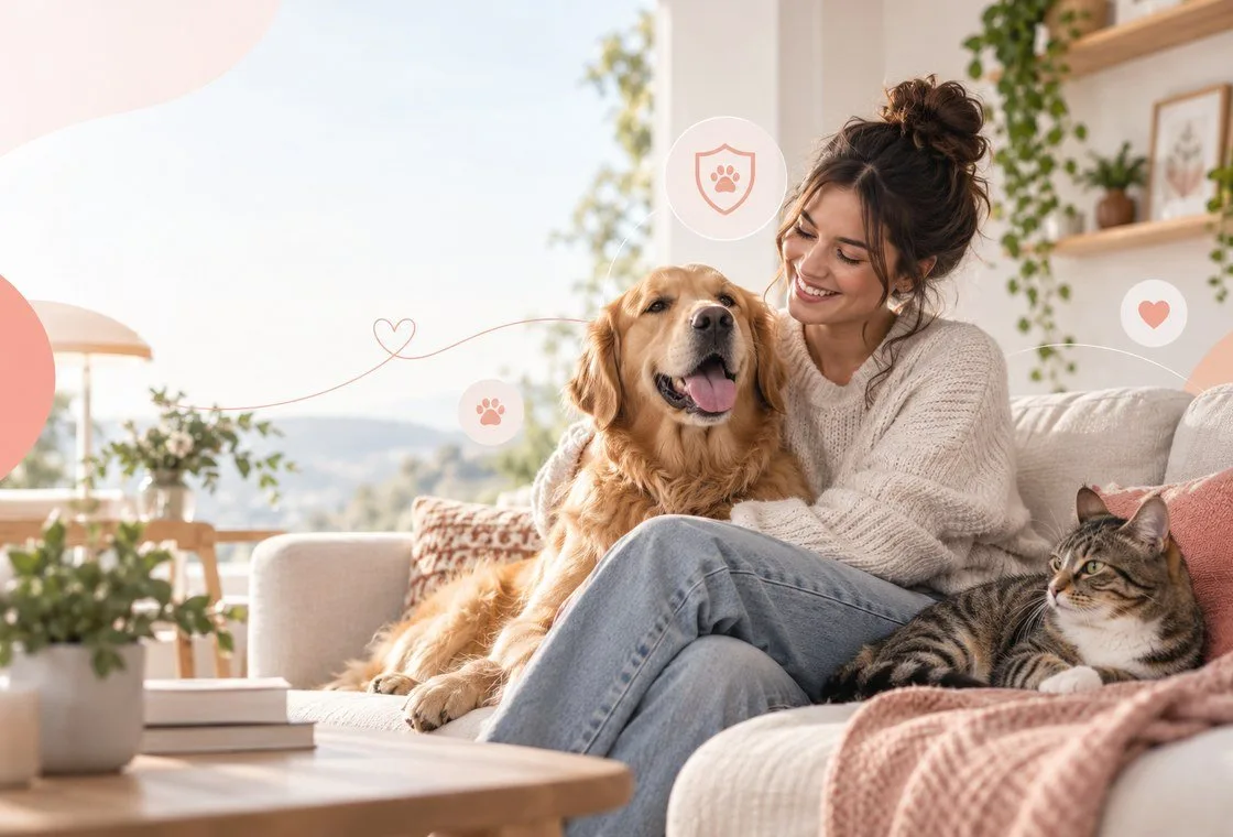 Owner relaxing on a sofa with a dog and a tabby cat